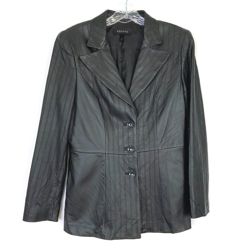 Vintage Escada Lambskin Leather Black Jacket Pinstripe Detailing Sz 10 -12